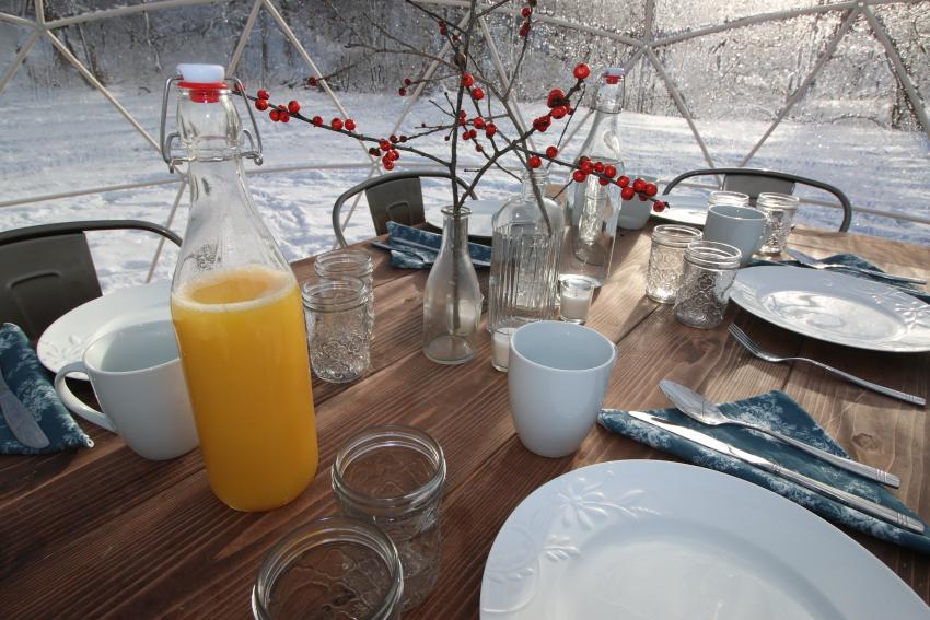 Brunch inside of a igloo