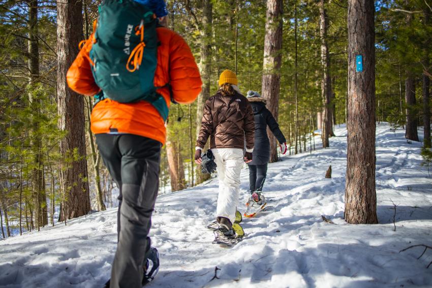 A group of snowshoers exploring single-file on a snow-packed trail in Marquette, MI