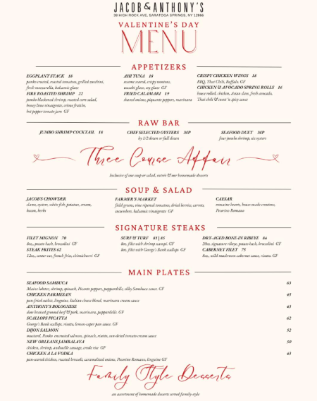Valentines day themed restaurant menu