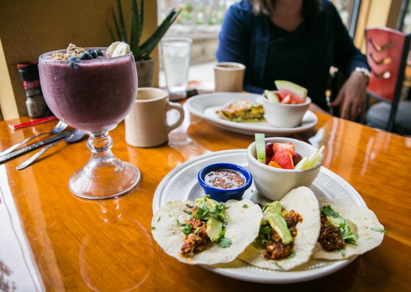 A smoothie bowl, tacos, and quiche from Bedrak Cafe