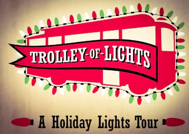 The logo for Trolley of Lights, a holiday lights tour.