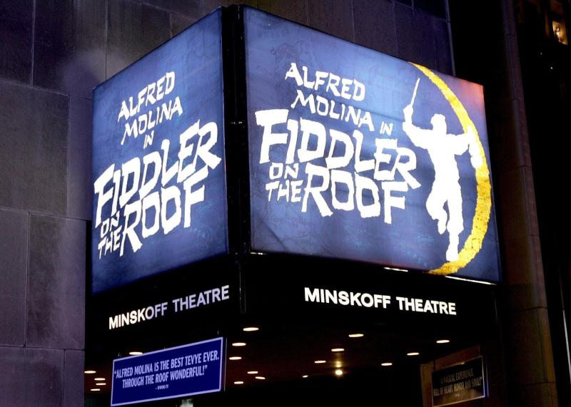 broadway marquee for the fiddler on the roof with alfred molina