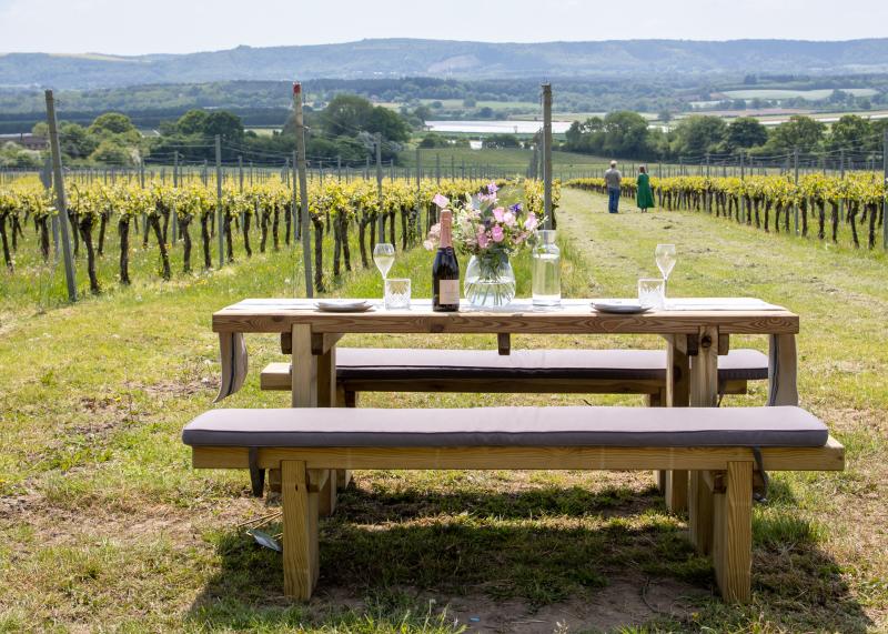 A bottle of English sparkling wine and flowers on a picnic bench at Roebuck Estate vineyard, with vines in the distance