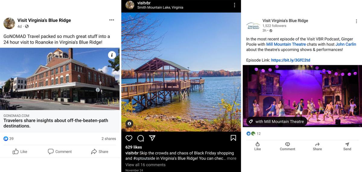 images from Visit Virginia's Blue Ridge Facebook, Instagram, and LinkedIn