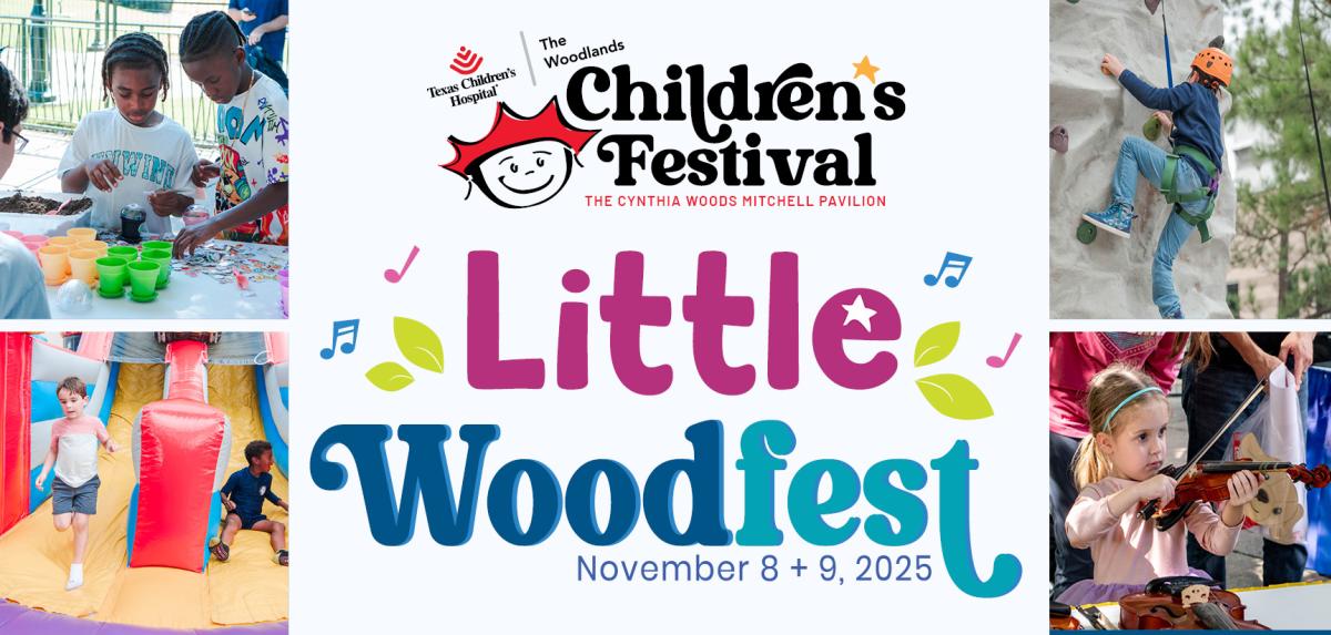 A colorful banner advertising "Little Woodfest" at the CWMP on 11/8-9/2025. The title and details are in the center of the banner. On the sides are photos of children face-painting, rock-climbing, playing violins, and dismounting a bounce-house slide.