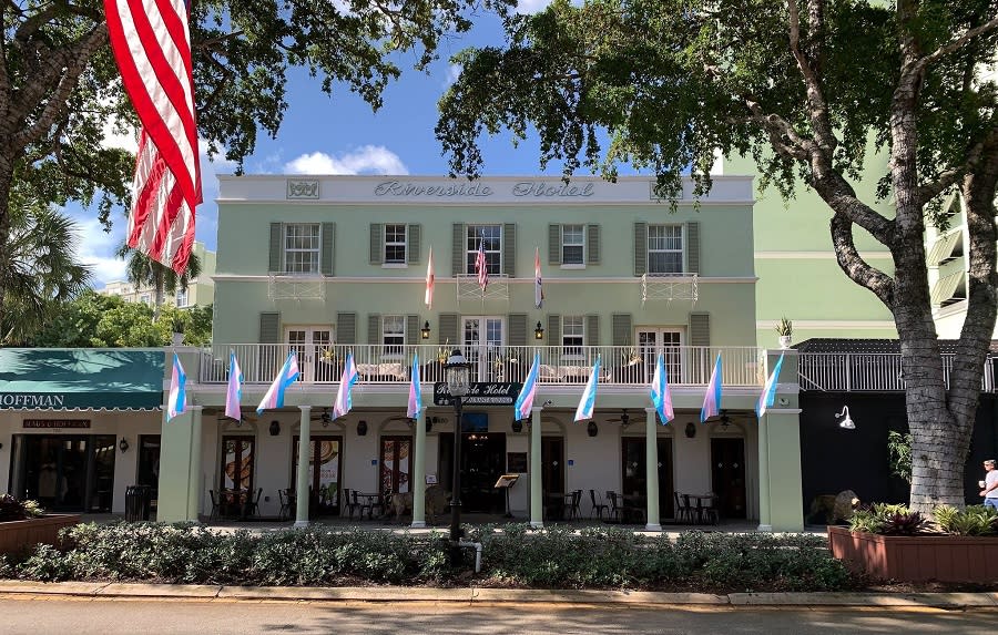 Riverside Hotel flying Transgender Flags