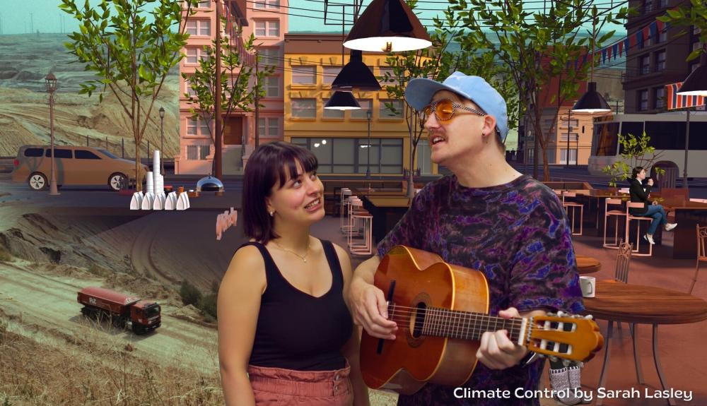 Video still - a woman admires a man playing an acoustic guitar and singing. In the background, AI generated cutouts represent a town with colorful buildings and roads.