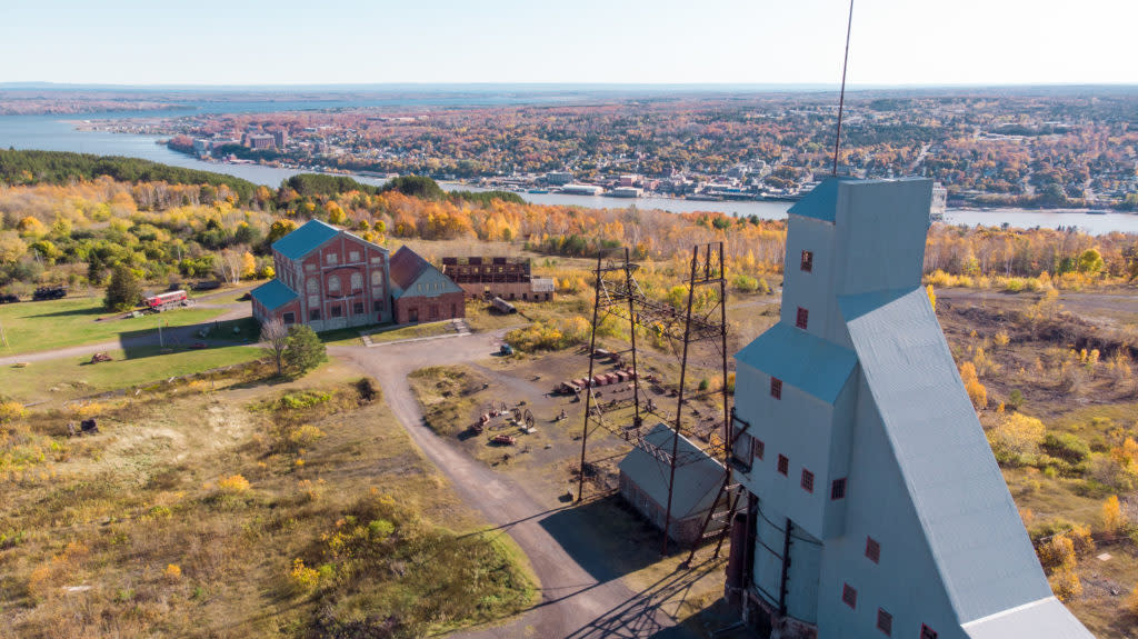Aerial of Fall color at Quincy Mine