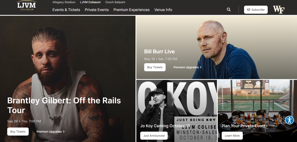 A grid of photos of musicians and events with links to buy tickets and upgrade your experience