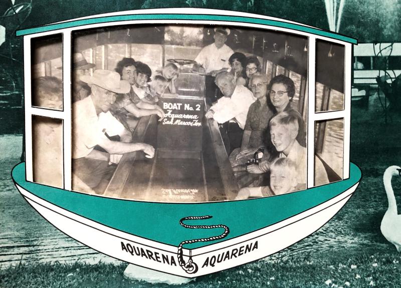 Group poses on a Glass-Bottom Boat Tour at Aquarena Springs in 1960-something.