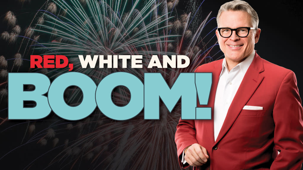 Image is of the conductor of the Cincinnati Pops Orchestra with fireworks in the background and the words "Red, White and Boom!"