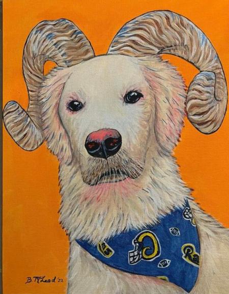 A painting of a dog with ram horns