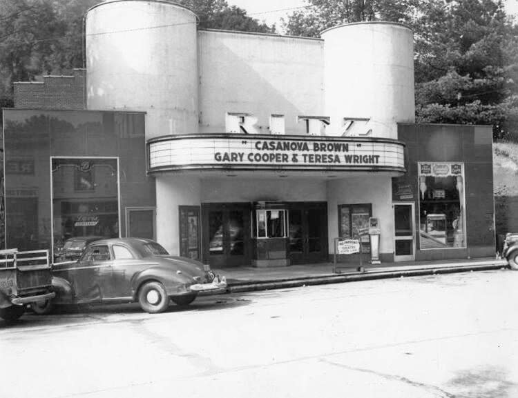 1940s black-and-white photo of the Ritz Theatre on Main Street in Sylva, NC, its marquee advertising "Casanova Brown" with Gary Cooper and Teresa Wright