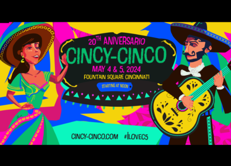 Image is a poster featuring a male and female with the 20th Anniversary Cincy-Cinco information on it.