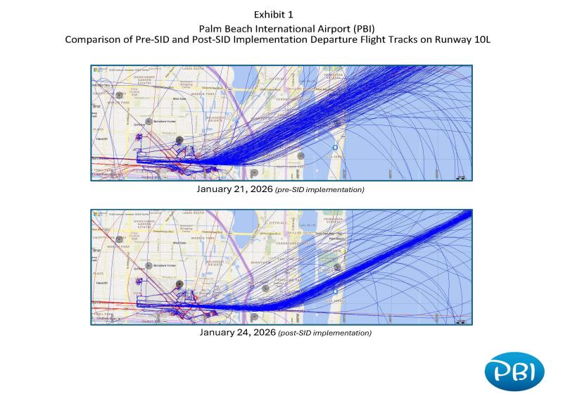 Two maps of Palm Beach International Airport (PBI) showing departure flight tracks from Runway 10L. The top map shows pre-Standard Instrument Departure (SID) implementation on January 21, 2026, and the bottom map shows post-SID implementation on January 24, 2026.
