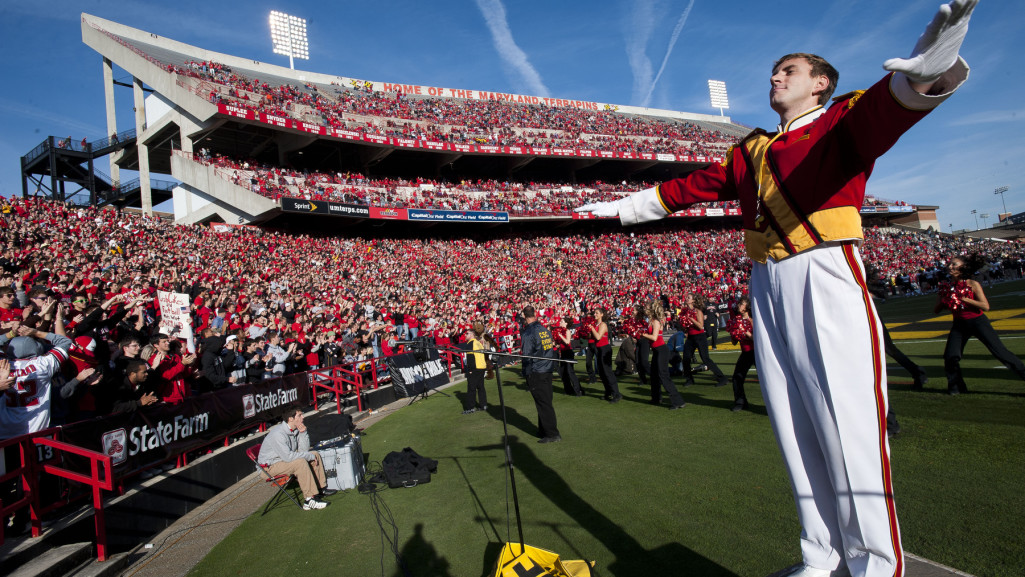A band leader directs the band at a football game in Prince George's County, Maryland