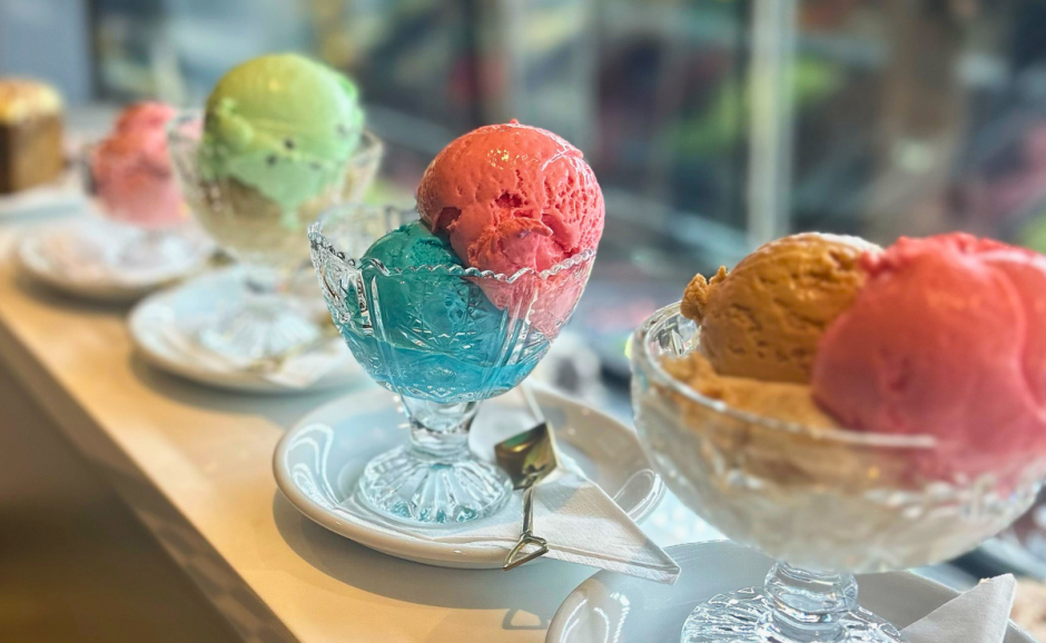 Bowls of different ice cream flavours on display at Cafe Gelato, Lincoln