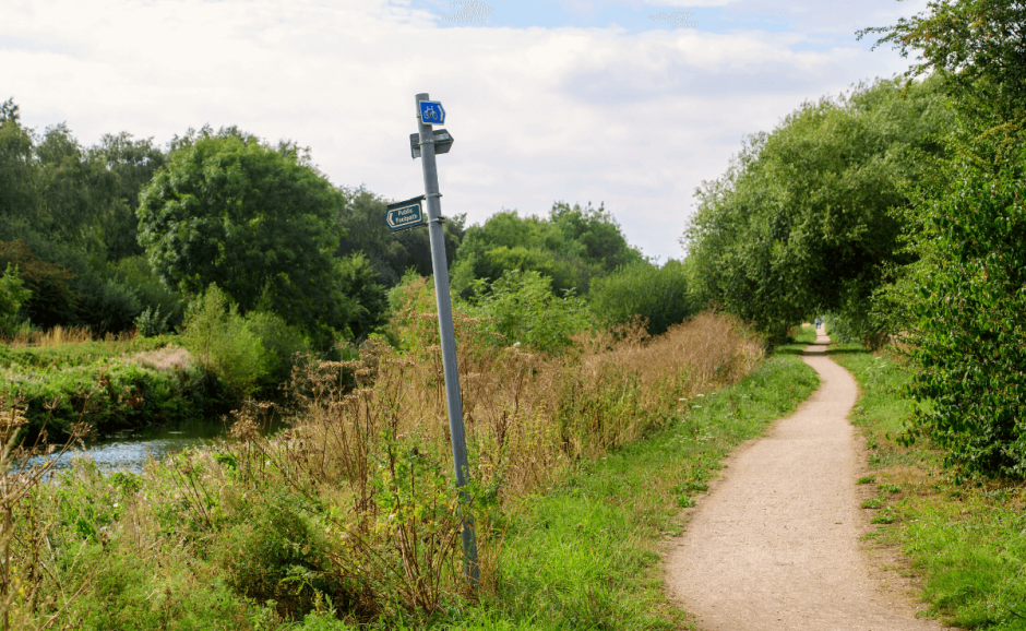 A signpost on the side of a canal walkway.