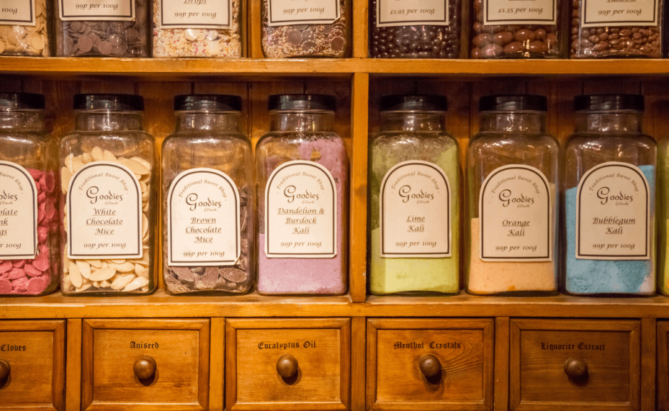 A shelf full of delish candies.