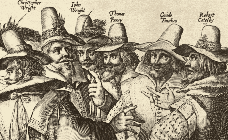 an old illustration of Guy Fawkes and other historical figures