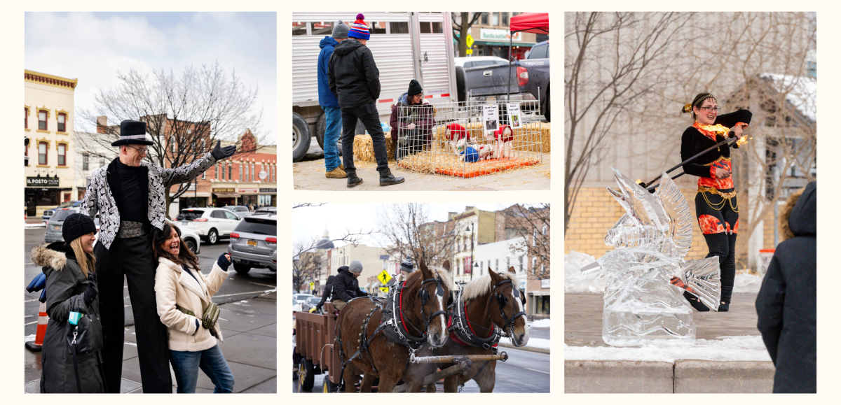 Fire & Ice Festival. A character in winter attire posing for photos, along with animals and a horse-drawn carriage.
