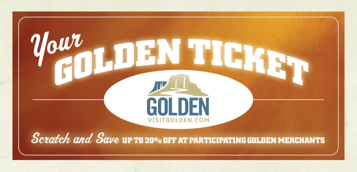 Golden Ticket front side with Visit Golden logo in center oval