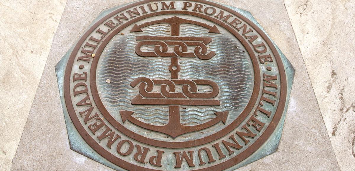 Close-up photograph of a Millennium Promenade plaque