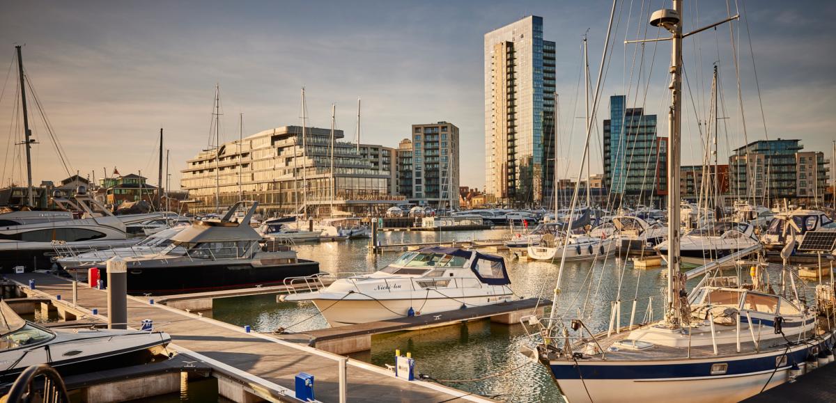 Boats moored at Ocean Village on an sunset evening