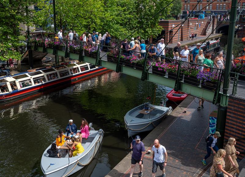 People walking over the bridge at brindley Place