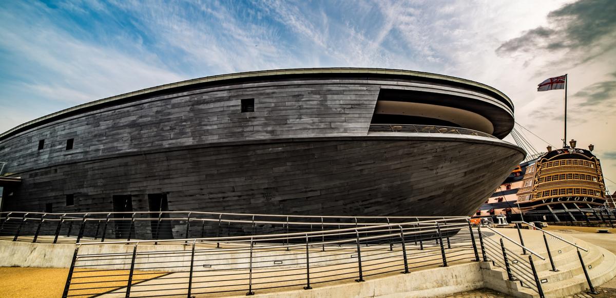 The exterior of the Mary Rose Museum at Portsmouth Historic Dockyard