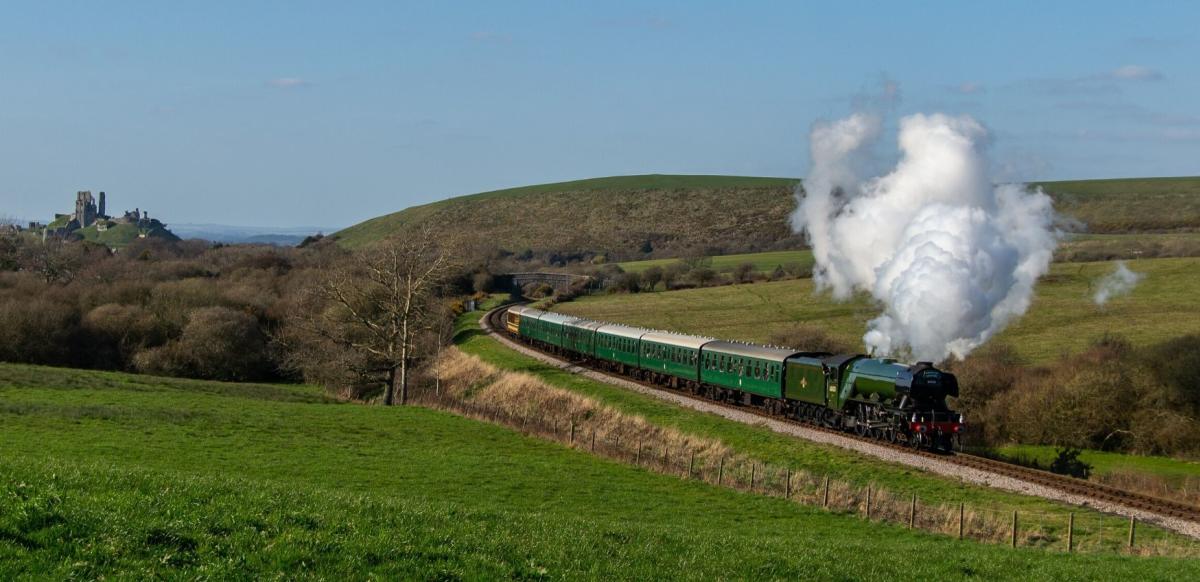 Swanage Railway steam train travelling through the countryside with Corfe Castle in the background