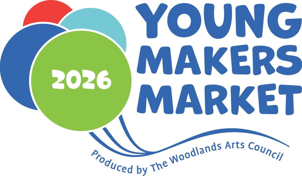 A flyer for TWAC's 2026 Young Makers Market held August 29, 2026. The flyer bears the name of the event, the year (inside a logo of 4 balloons), and "Produced by The Woodlands Arts Council."