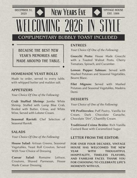 Vintage House NYE Menu 2026