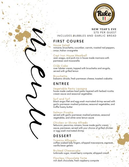 Rule NYE Dinner menu