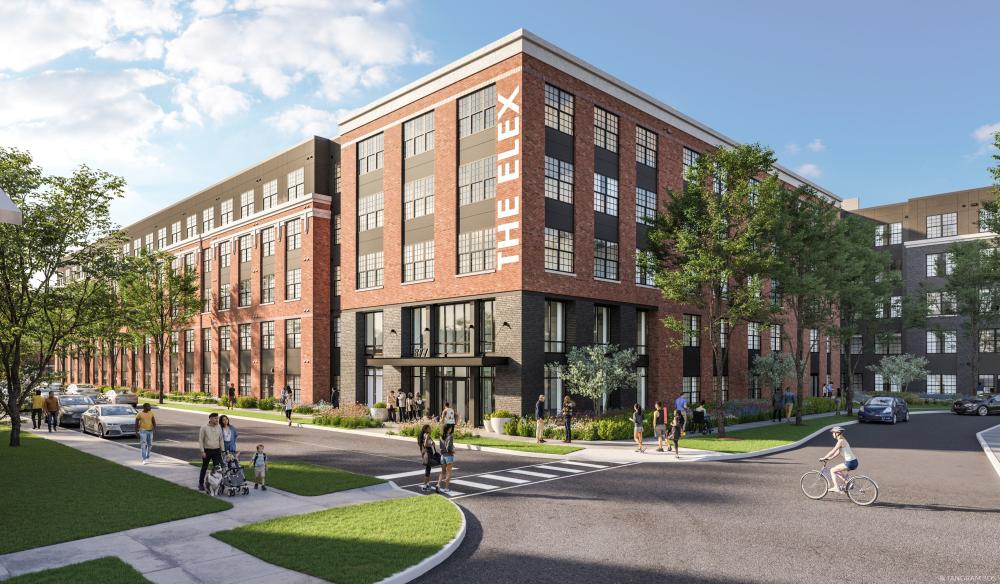 A rendering of the exterior of The Elex a four story building