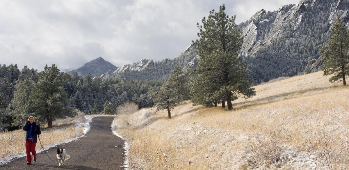 A person on a winter hike in the Chautauqua neighborhood with their dog on a paved path surrounded by mountains.
