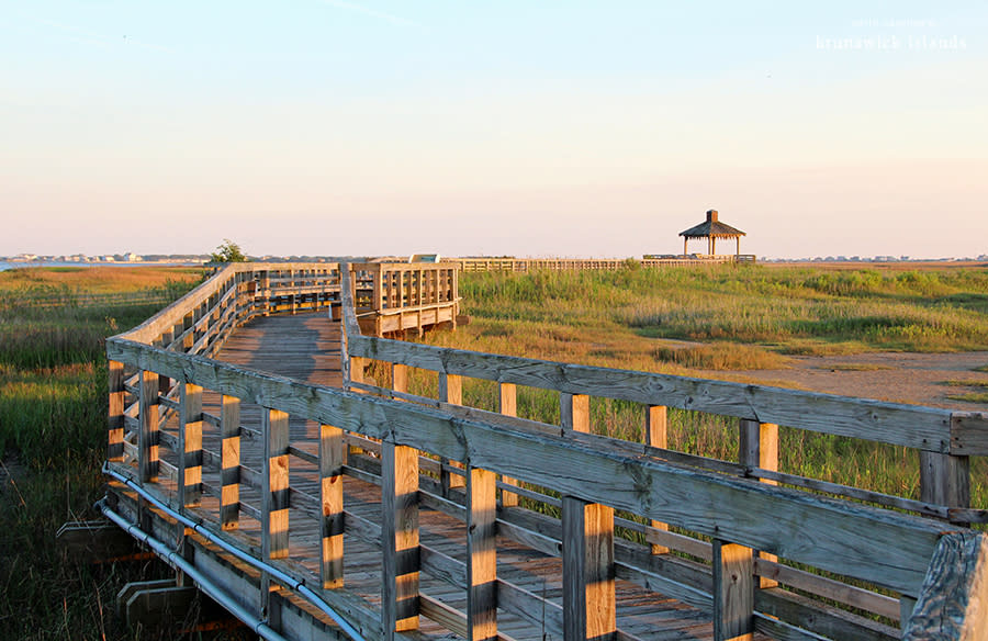 a wooden walkway through a marsh leading to a gazebo