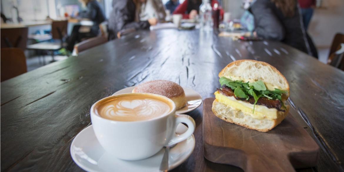 Latte and Egg Sandwich at Fox in the Snow Cafe