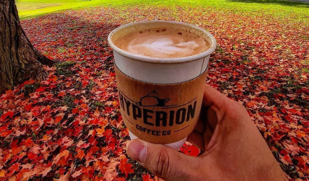 Person holds cup of coffee with "Hyperion" printed on the cup's label. Colorful fall leaves sit on the grass on a fall day in the background