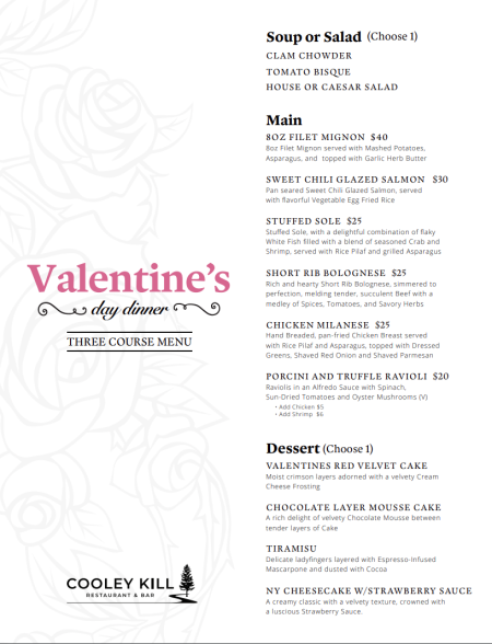 Restaurant menu for Valentine's Day