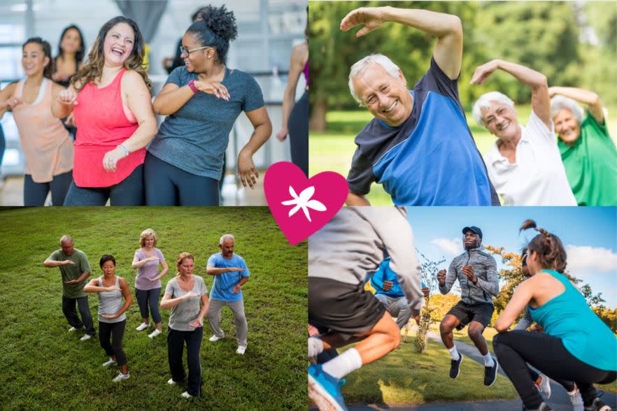 Older people doing exercises outside.