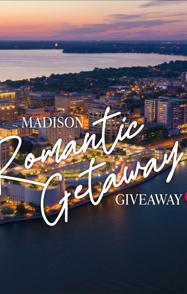Madison Romantic Getaway Giveaway type over an overhead image of Downtown Madison
