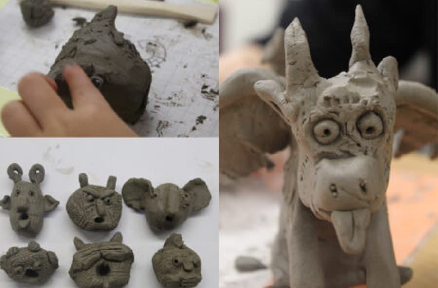 Clay modelling activity at Corinium Museum in the Cotswolds, featuring handmade animal faces and a dragon sculpture.