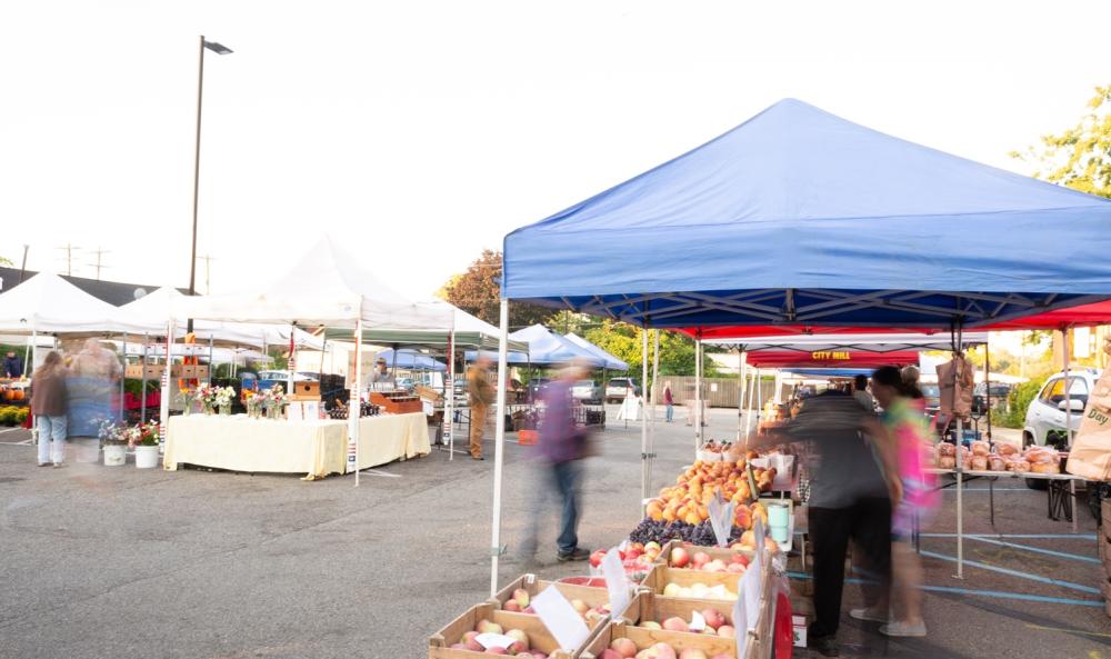 Vendors lined up under white and blue tents selling fruits at the Saline Farmers Market on dark grey pavement lot. Three individuals shop through the market.