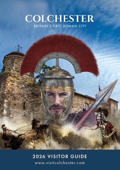 The 2026 Colchester Visitor Guide cover. The cover shows a Roman soldier in front of Colchester Castle.