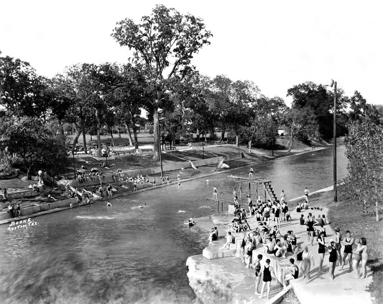 black and white historic photograph of Barton Springs Pool