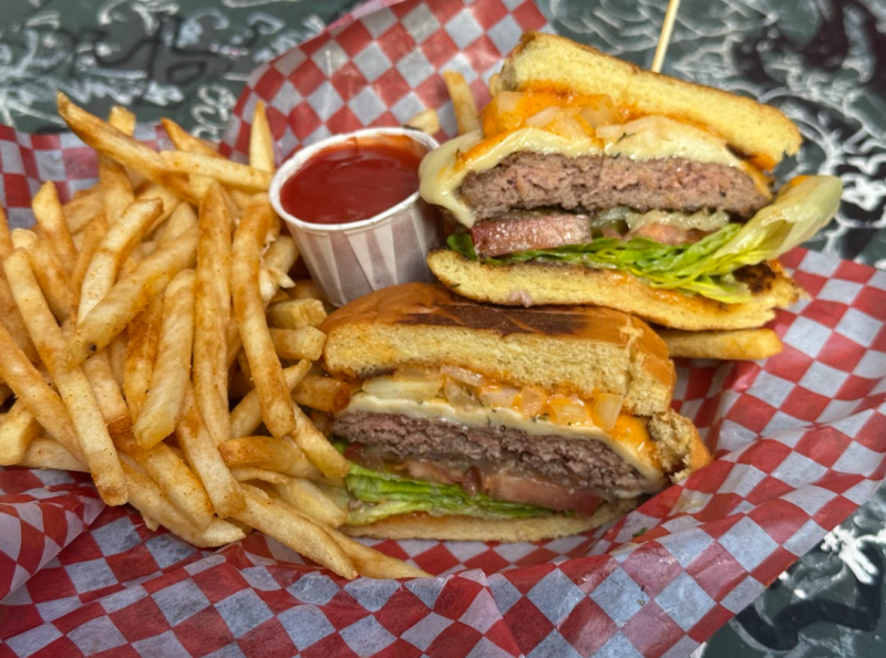 Burger at Elis Mile High Club in Oakland California