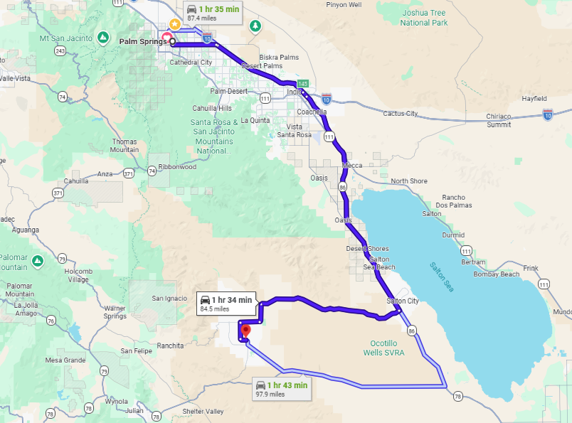 Palm Springs to Boreggo Springs Map