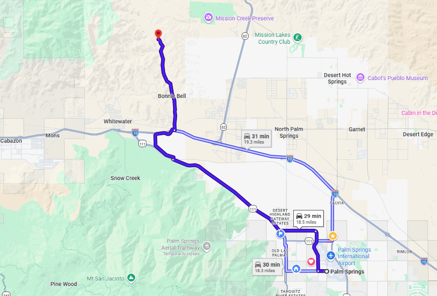 Palm Springs to Whitewater Preserve Map