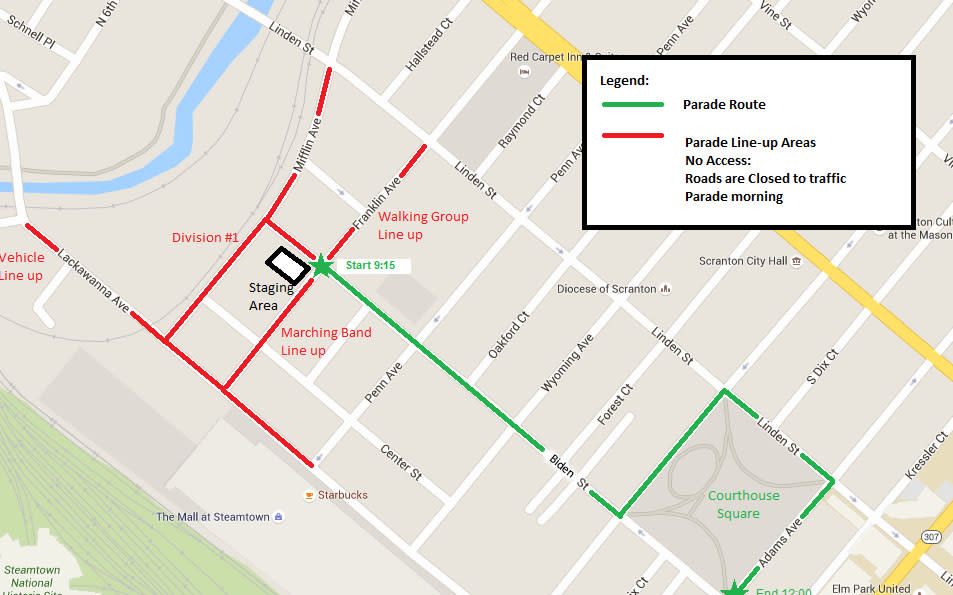 map of The Scranton Santa Parade in Downtown Scranton, PA